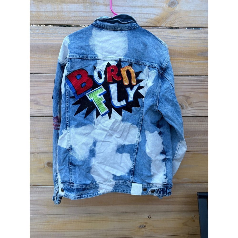 Born Fly Mens XL Acid Wash Denim Jacket Embroidered Pop Art Graphic Patch Blue